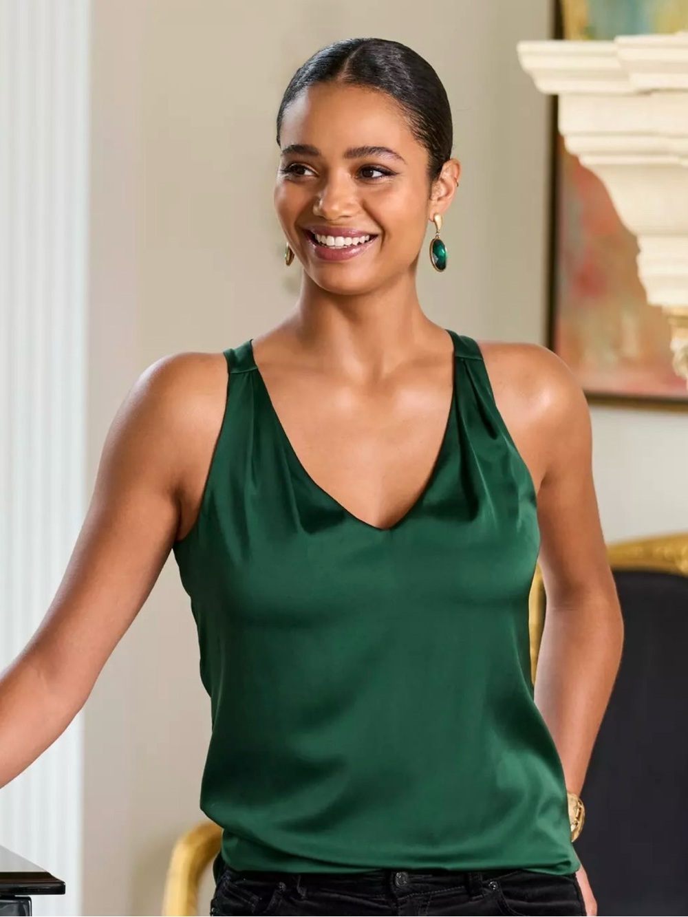 Boston Proper Charmeuse V-Neck Forest Green Sleeveless V-Neck Satin Tank